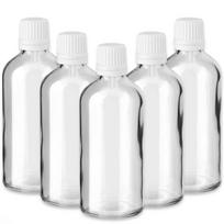 Stiklinis lašintuvo buteliukas 100 ml, skaidrus, baltas dangtelis su apsauginiu žiedu, 5 vnt.