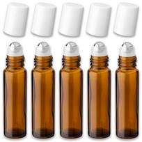 Rudas 10 ml stikl. roll-on buteliukas su baltu dangteliu ir nerūdijančio plieno aplikatoriumi, 5 vnt. rinkinys