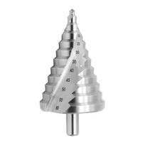 HSS pakopinis grąžtas, 6–60 mm, spiralinis, kūginis griovelis, įgilintuvas, 12 pakopų, skirtas gręžti atsuktuvu plieną, žalvarį, medį, plastiką ir kt.