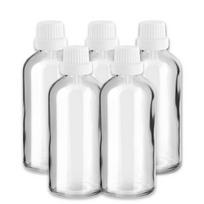 100 ml skaidrūs stikliniams buteliukai su lašintuvu ir baltu dangteliu, 5 vnt. rinkinys