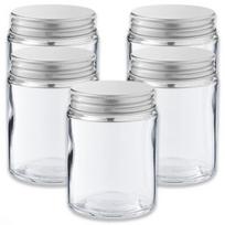 150 ml talpos skaidrus stiklinis indelis su sidabrinės spalvos aliuminio dangteliu, 5 vnt. rinkinys