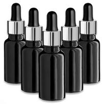 Juodas stiklinis buteliukas 20 ml su sidabrine aliuminine pipete, 5 vnt. rinkinys