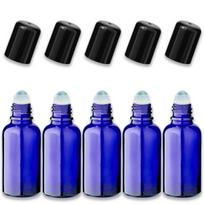 Mėlynas 30 ml stiklinis roll-on buteliukas su juodu dangteliu, 5 vnt. rinkinys