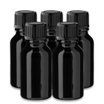 Juodas 15 ml stiklinis butelis su juodu PP dangteliu ir PE plomba, 5 vnt. rinkinys