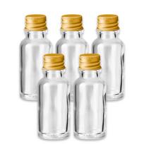 20 ml skaidrus stiklo buteliukas su auksiniu aliuminio dangteliu, 5 vnt. rinkinys