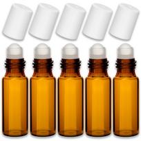 Rudas 5 ml stiklinis roll-on buteliukas su baltu kamšteliu, 5 vnt. rinkinys