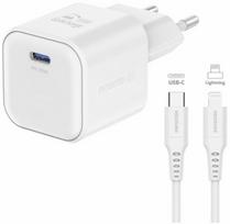 "Swissten Baltas 20W USB-C PD GaN tinklo įkroviklis su 1.2m USB-C į Lightning kabeliu"