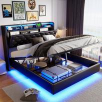 Dvigulė lova 140x200 cm su LED apšvietimu ir USB jungtimi, plaukiojanti lova, juoda PU oda
