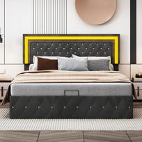 Lova, 160 x 200 cm, juoda, aksominė, su dujiniu keltuvu, su LED apšvietimu, su kniedžių dekoru