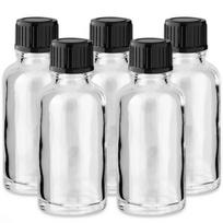Klasikinis 30 ml bespalvis stiklinis butelis su juodu plastiko dangteliu, 5 vnt. rinkinys