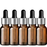 Rudas 15 ml stiklinis butelis su sidabrine aliuminio pipete, silikonine galvute, rinkinys 5 vnt.