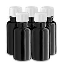 Juodas 20 ml stiklinis buteliukas su baltu PP dangteliu ir PE plomba, 5 vnt. rinkinys