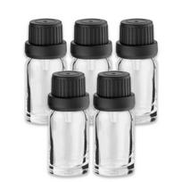 10 ml skaidrus stiklinis buteliukas su juodu lašintuvu ir apsauginiu žiedu, 5 vnt. rinkinys