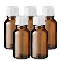 Rudas 15 ml stiklinis buteliukas su baltu plastiko dangteliu, 5 vnt. rinkinys