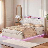 Lova 160x200 cm su stalčiai ir grotelių pagrindu, dygsniuotas galvūgalis su LED apšvietimu ir USB, aksominis audinys, balta