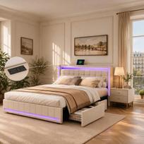 Dvigulė lova, 140 x 200 cm, lovos rėmas su LED ir USB, 4 stalčiais ir galvūgaliu su skyrimi, smėlio spalvos