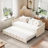 Sofa-lova 90/180x200 su lentjuostėmis, ištraukiama, daugiafunkcinė, smėlio spalvos aksominė