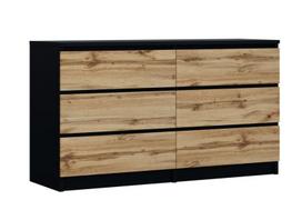 Miegamojo baldai, 3XE LIVING, 6 stalčių komoda: matinė juoda / ąžuolo Wotan spalvos, 138 x 39 x 79 cm, 1 vnt.