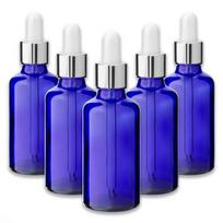 Mėlynas 50 ml stiklinių buteliukų rinkinys su sidabrine aliuminine pipete, 5 vnt.
