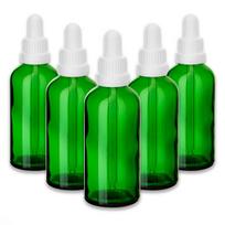 Žalia stiklinė butelė 100 ml su pipete ir balta saugos dangteliu, 5 vnt. rinkinys