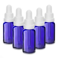 Mėlynas 20 ml stiklinis buteliukas su pipete ir baltu dangteliu, 5 vnt. rinkinys