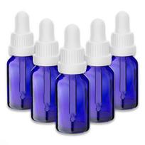 Mėlyna 15 ml stiklinė butelė su pipete ir baltu dangteliu, 5 vnt. rinkinys