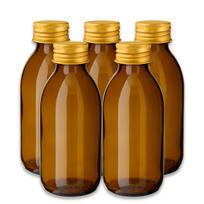 150 ml rudos spalvos stiklinis butelis su PP28 dangteliu ir auksiniu užsukamu dangteliu – 5 vnt. rinkinys