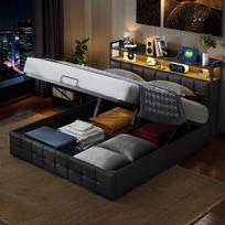 Dvigulė lova su vieta daiktams susidėti, LED , USB , 160x200 cm, PU, juoda