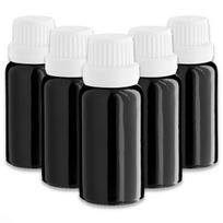 Juodas 20 ml stiklinis butelis su baltu lašintuvu ir apsauginiu žiedu, 5 vnt. rinkinys