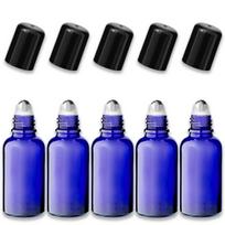Mėlynas 30 ml stiklinis roll-on buteliukas su juodu dangteliu ir nerūdijančio plieno rutuliuku, 5 vnt. rinkinys