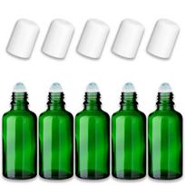 Žalia 50 ml stiklinė roll-on butelį, 5 vnt., su stikiniu rutuliuku ir baltu dangteliu
