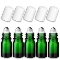 Žalia 5 ml stiklinė roll-on buteliukų rinkinys su plieniniu rutuliuku ir baltais dangteliais, 5 vnt.