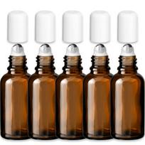 Rudas 30 ml stiklinis roll-on buteliukas su nerūdijančio plieno rutuliuku, baltu dangteliu, 5 vnt. rinkinys