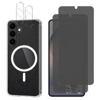 Korpus su magnetiniu žiedu Samsung Galaxy S26 ir 2 juodi grūdinto stiklo antišnipinėjimo filtrai bei 2 Phonillico® kameros apsaugos.