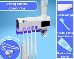 Dantų šepetėlių laikiklis su UV sterilizatoriumi ir dantų pastos dozatoriumi