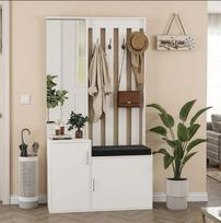 Batų lentyna, batų suolas su veidrodžiu, batų spintelė ir kabliukais, skandinaviško stiliaus, 180 x 100 cm, balta