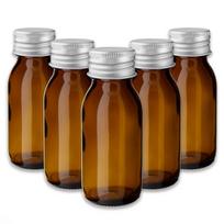 60 ml rudos spalvos stiklinis buteliukas su PP28 dangteliu ir sidabriniu užsukamu dangteliu, 5 vnt. rinkinys