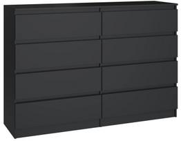 Komoda 3xEliving DEMI su 8 stalčiais, 120 cm, spalva: Juodas/juodas blizgesys