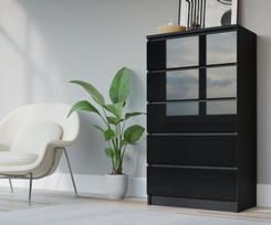 Komoda 3xEliving DEMI su 5 stalčiais, 70 cm, spalva: Juodas/juodas blizgesys
