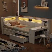 Dieninė lova SONNENH 90x200 su stalu, 2 stalčiais, USB ir LED, balta