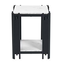 Modernus naktinis staliukas su 2 lentynomis, juodu metaliniu rėmu, marmuro efektu, MDF, balta ir juoda, 55x43x40 cm