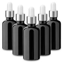Juodas 50 ml stiklinis buteliukas su sidabrine pipete, 5 vnt. rinkinys