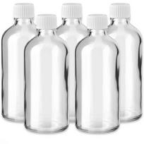 Stiklinis buteliukas 100 ml, skaidrus su baltu PP dangteliu, 5 vnt. rinkinys