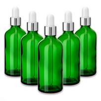 Žalia 100 ml stiklinė buteliukų rinkinys su sidabrine aliuminio pipete, 5 vnt.