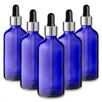 Mėlyna 100 ml stiklinė butelė su sidabrine aliuminine pipete, 5 vnt.