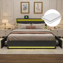 Dvigulė lova 160 x 200 cm su LED ir USB, Minkšta lova su ciužinys, 4 stalčiais ir galvūgaliu su skyrimi, aksominė, pilka