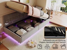 Viengulės lovos 90 x 200 cm, sofa-lova turi daiktadėžes, LED, USB ir Type-C, aksomu, pilka
