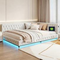 Lova, 140 × 200 cm, sofa-lova,su LED apšvietimu ir įkrovimo prievadu, balta spalvos.