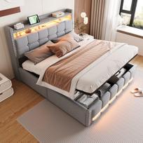 Dvigulė lova SONNENH 160x200 cm su LED apšvietimu, USB lizdu ir hidrauline daiktadėže, šviesiai pilka