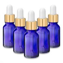 Mėlynas 15 ml stiklinių buteliukų rinkinys su auksine aliuminio pipete, 5 vnt.